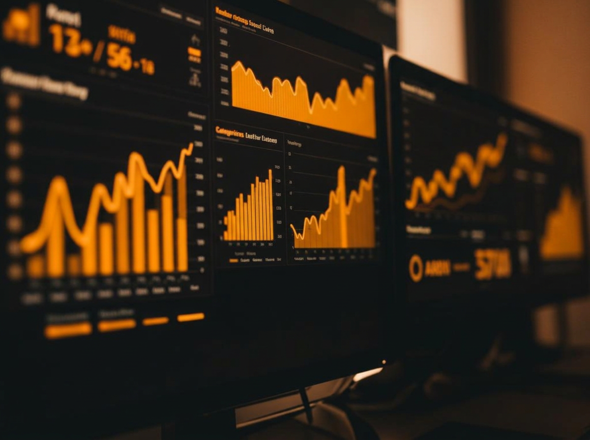 Marketing analytics dashboards with green growth charts on dark screens